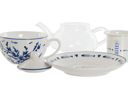 DKD Home Decor Tetera Finisterre Atlantico Cristal Porcelana Blanco Azul Set de 3 Piezas 13.5 x 14 x 16.5 cm
