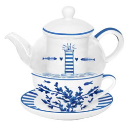 DKD Home Decor Set de 3 Teteras FINISTERRE de Cristal y Porcelana Blanco y Azul