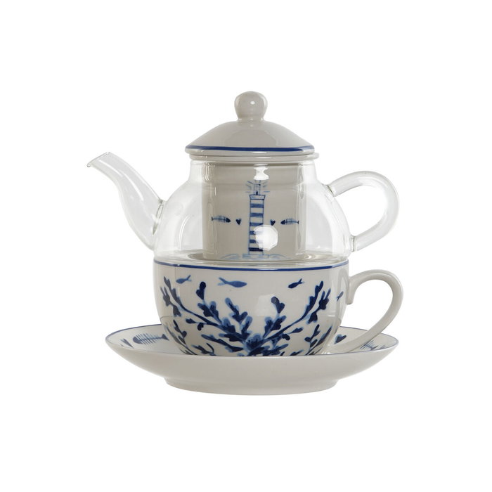 DKD Home Decor Set de 3 Teteras FINISTERRE de Cristal y Porcelana Blanco y Azul