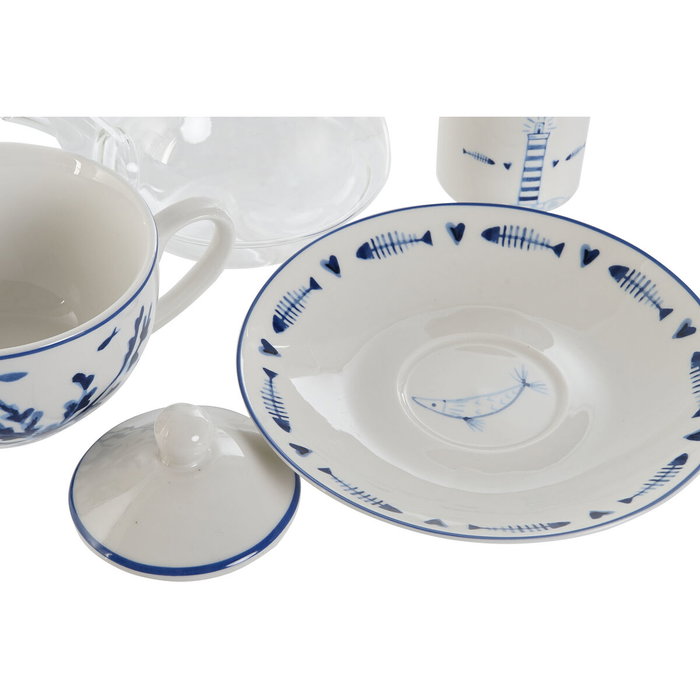 DKD Home Decor Set de 3 Teteras FINISTERRE de Cristal y Porcelana Blanco y Azul