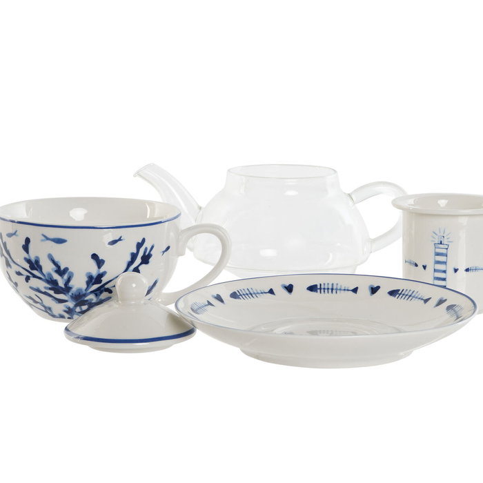DKD Home Decor Set de 3 Teteras FINISTERRE de Cristal y Porcelana Blanco y Azul