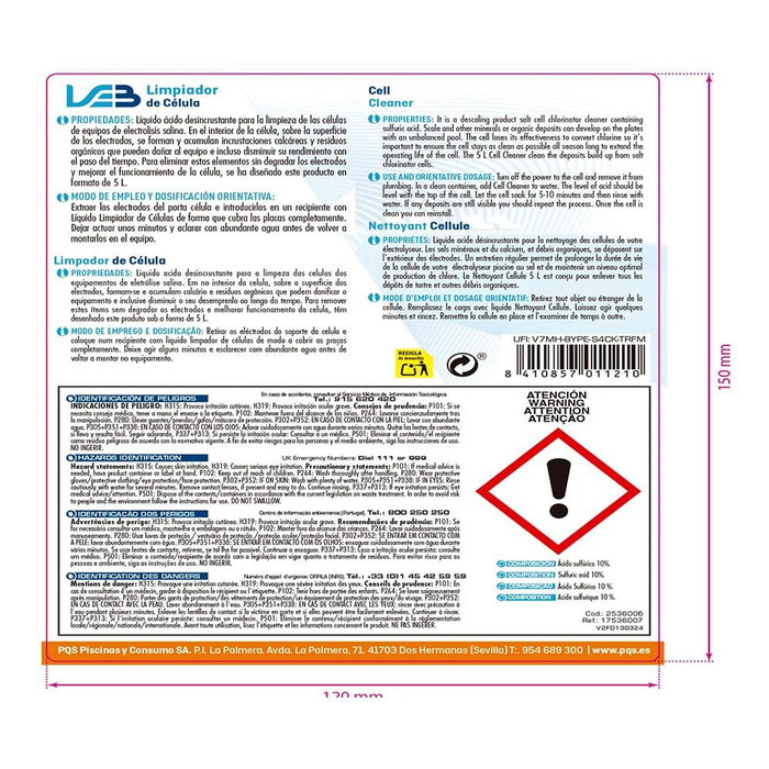 Leb Limpiador de Células para Piscinas de Electrólisis Salina, Líquido Desincrustante Ácido, Garrafa 5 Litros Leb Limpiador de Células para Piscinas de Electrólisis Salina, Líquido Desincrustante Ácido, Garrafa 5 Litros