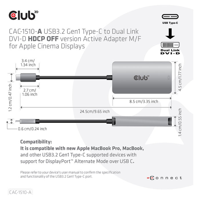 Club 3D CAC-1510-A Adaptador USB 3.2 Tipo C a DVI-D Club 3D CAC-1510-A Adaptador USB 3.2 Tipo C a DVI-D