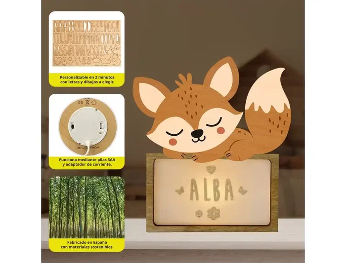 Wondee Lampara Infantil Personalizable Little Fox de Madera Sostenible para Niños, Luz Nocturna Quitamiedos con Nombre