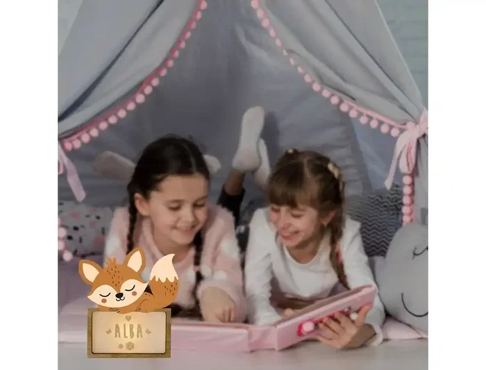 Wondee Lampara Infantil Personalizable Little Fox de Madera Sostenible para Niños, Luz Nocturna Quitamiedos con Nombre