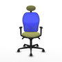 Silla de oficina Jorquera con mecanismo Sincro tapizada con Tela color Verde oliva y malla color Azul. Equipada con lumbar 1D, Brazos 1D, Cabecero Fijo y Ruedas 65mm nailon