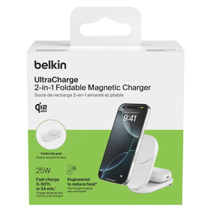 Belkin Cargador Inalámbrico Plegable 2 en 1 Qi2 25W Blanco