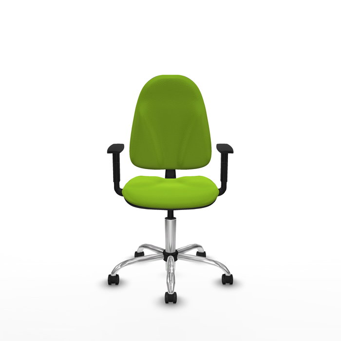 Silla de oficina Algarra con mecanismo Contacto permanente básico tapizada con Similpiel color Pistacho. Equipada con Base cromada, Brazos 1D y Ruedas de parqué