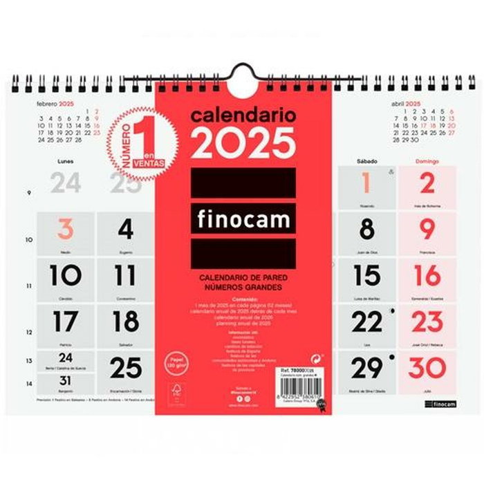 Finocam Calendario de Pared 2025 Números Grandes Neutro 300x210 mm