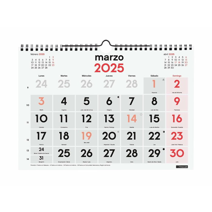 Finocam Calendario de Pared 2025 Números Grandes Neutro 300x210 mm