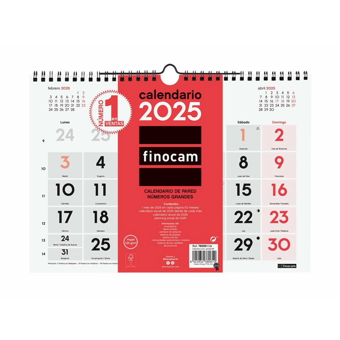 Finocam Calendario de Pared 2025 Números Grandes Neutro 300x210 mm