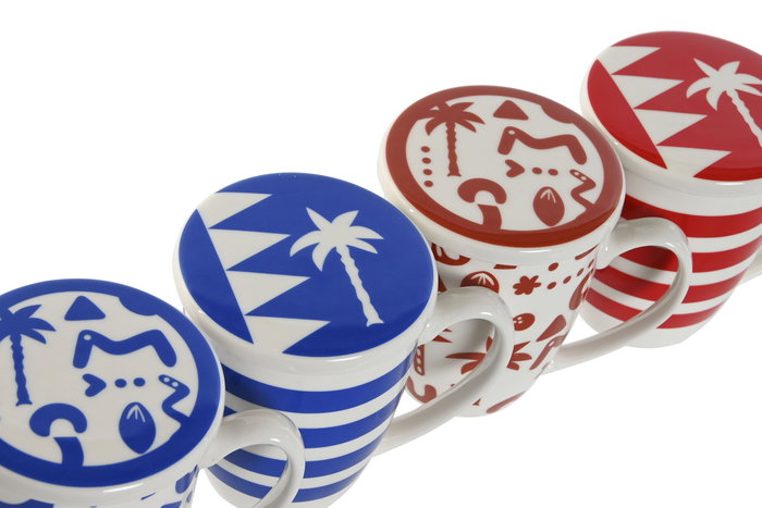 DKD Home Decor Taza para Infusiones Boho Porcelana y Acero Inoxidable Azul Rojo 9 x 11 x 12 cm 380ml (4 Unidades)