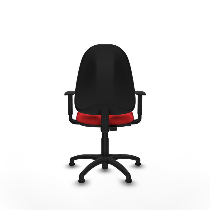 Silla de oficina Algarra con mecanismo Contacto permanente básico tapizada con Similpiel color Rojo. Equipada con Base poliamida negra, Brazos 1Dy Topes