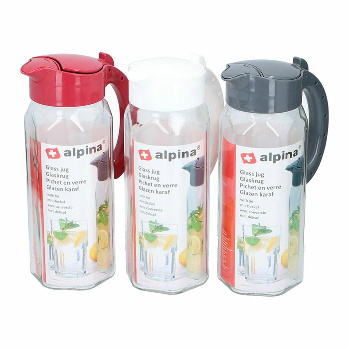 Alpina Jarra de cristal con tapa de plástico 1,5 l colores surtidos Alpina Jarra de cristal con tapa de plástico 1,5 l colores surtidos