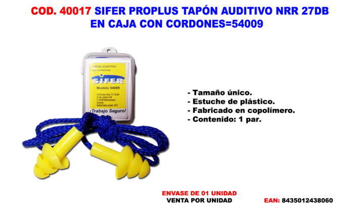 SIFER SEGURIDAD Tapones Auditivos Proplus NRR 27dB con Cordones en Caja SIFER SEGURIDAD Tapones Auditivos Proplus NRR 27dB con Cordones en Caja