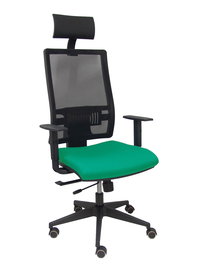 Silla de oficina Horna con mecanismo Sincro/Traslack tapizada con Tela color Verde esmeralda y malla color Negro. Equipada con lumbar 1D, Brazos 1D, Cabecero Fijo y Ruedas de parqué