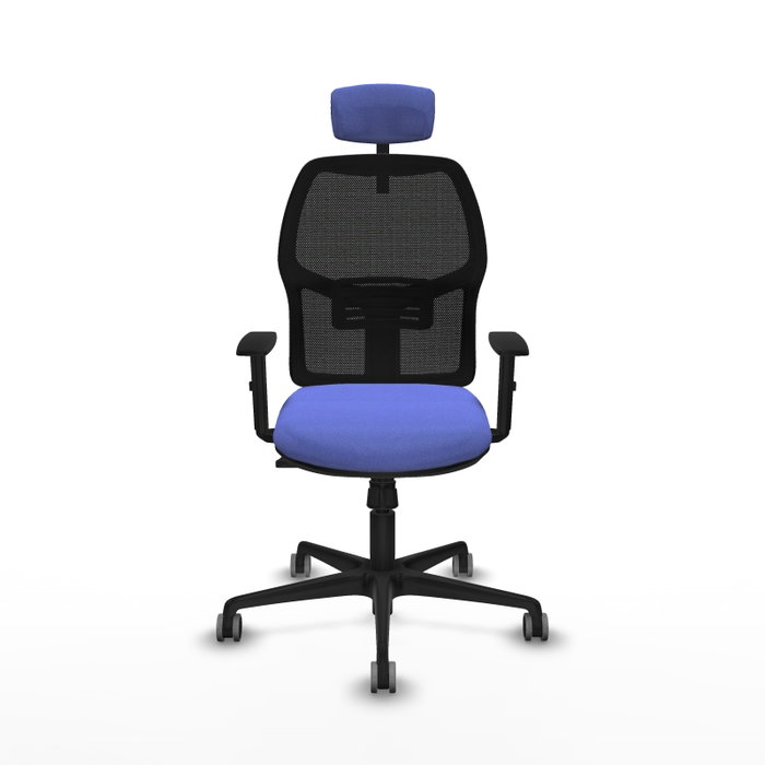 Silla de oficina Alfera con mecanismo Sincro tapizada con Tela color Azul claro y malla color Negro. Equipada con lumbar 1D, Brazos 1D, Cabecero 2D y Ruedas 65 mm parqué