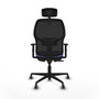 Silla de oficina Alfera con mecanismo Sincro tapizada con Tela color Azul claro y malla color Negro. Equipada con lumbar 1D, Brazos 1D, Cabecero 2D y Ruedas 65 mm parqué