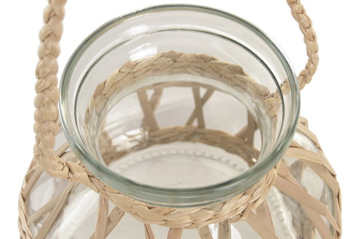 DKD Home Decor Portavelas de Cristal y Mimbre Natural 18x18x15 cm