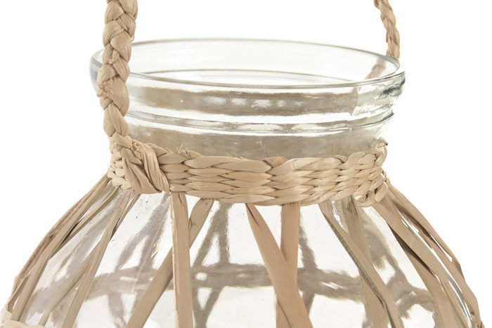 DKD Home Decor Portavelas de Cristal y Mimbre Natural 18x18x15 cm