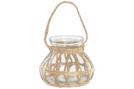 DKD Home Decor Portavelas de Cristal y Mimbre Natural 18x18x15 cm