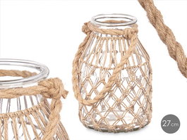Giftdecor Portavela Vidrio Cuerda Natural 17 cm x 25 cm x 17 cm (Set de 4)