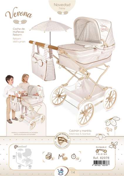 Decuevas Coche Reborn Plegable Verona con Sombrilla para Muñecas hasta 55 cm - 40x90x90 cm