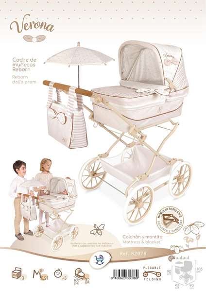 Decuevas Coche Reborn Plegable Verona con Sombrilla para Muñecas hasta 55 cm - 40x90x90 cm