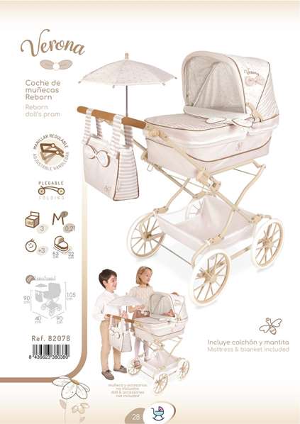 Decuevas Coche Reborn Plegable Verona con Sombrilla para Muñecas hasta 55 cm - 40x90x90 cm