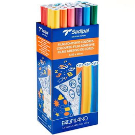 Sadipal Film Adhesivo Color 100 Micras, Rollo 0.50 x 2 m, Expositor 24 Unidades, Colores Surtidos, Acabado Mate para Manualidades, Decoración y Collage