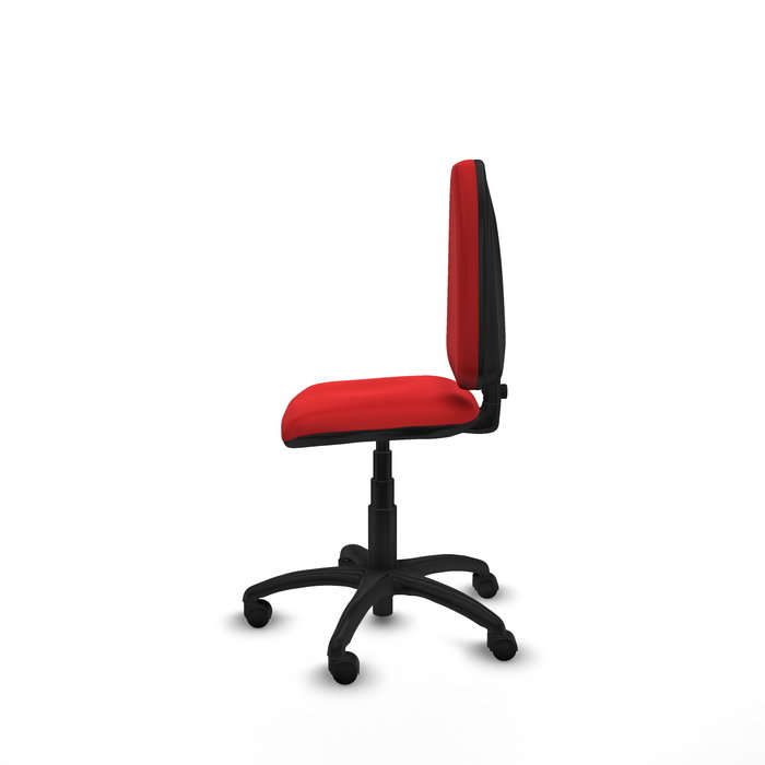 Silla de oficina Aýna con mecanismo Contacto permanente básico tapizada con Similpiel color Rojo. Equipada con Base poliamida negra, Sin brazos y Ruedas de nailon 50 mm