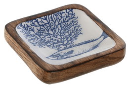 DKD Home Decor Sardinas 25 Vaciabolsillos Mediterraneo Blanco Azul Mango Lacado 11 x 2.5 x 11 cm (4 Unidades)