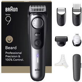 Braun Cortapelos de Barba BT9520, Batería/Red, Satin Chrome, 7 Accesorios, Lavable, Negro, Gris