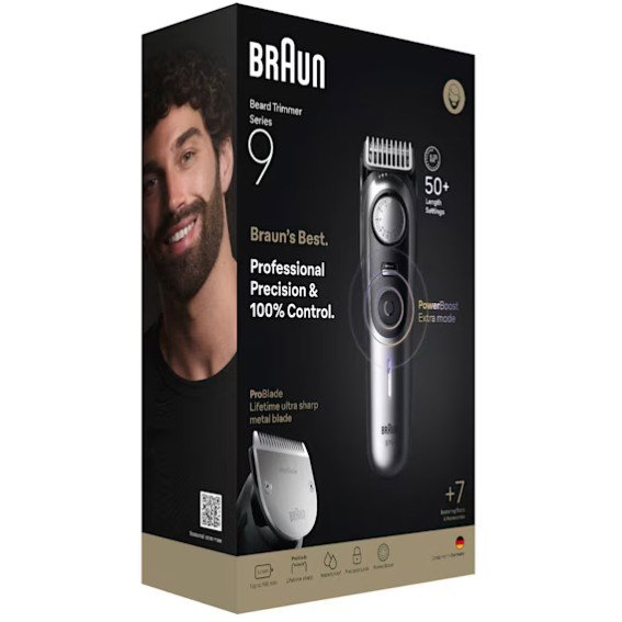 Braun Cortapelos de Barba BT9520, Batería/Red, Satin Chrome, 7 Accesorios, Lavable, Negro, Gris