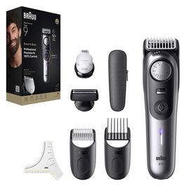 Braun Cortapelos de Barba BT9520, Batería/Red, Satin Chrome, 7 Accesorios, Lavable, Negro, Gris