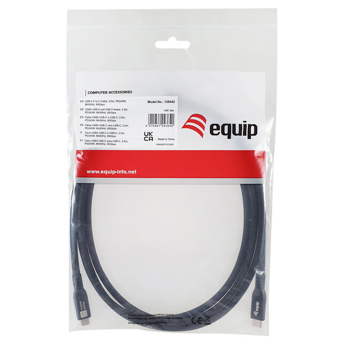 EQUIP Cable USB-C a USB-C 2m USB4 Gen 4x2 80 Gbps PD 240W, Negro - Ref. 128442 EQUIP Cable USB-C a USB-C 2m USB4 Gen 4x2 80 Gbps PD 240W, Negro - Ref. 128442