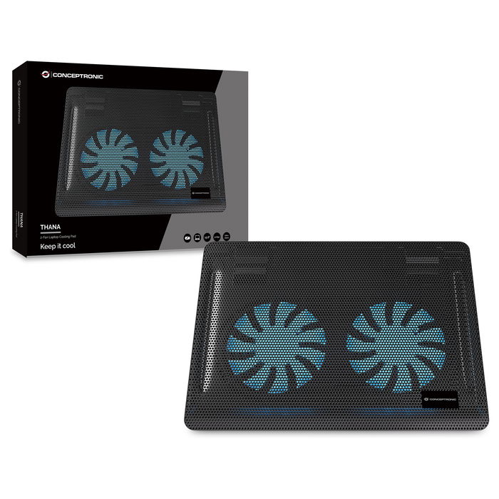 Conceptronic Base Refrigeradora para Portátil con 2 Ventiladores USB-A 2.0 para Pantallas de hasta 15.6 Pulgadas y 3 kg de Carga, Color Negro