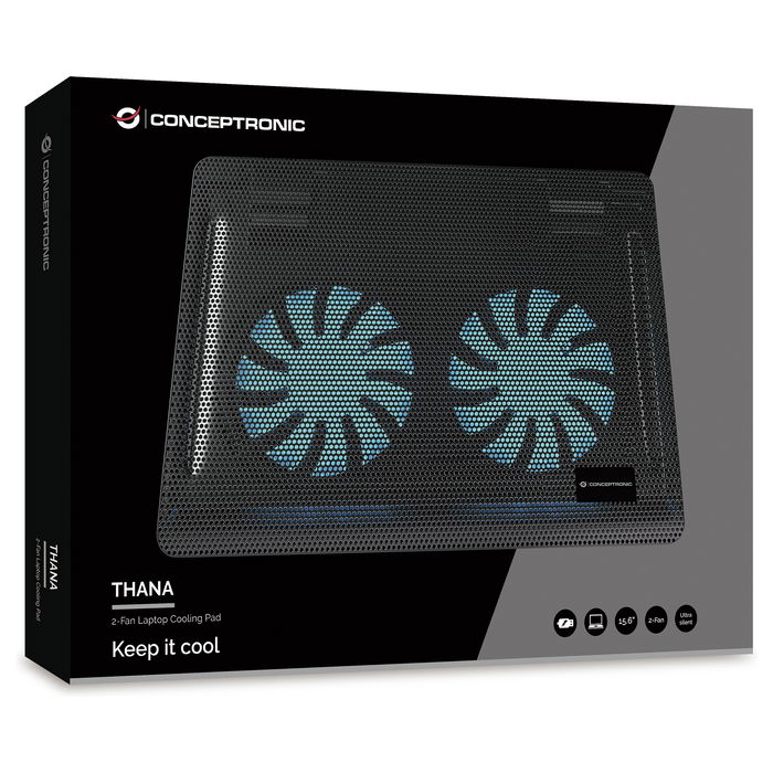 Conceptronic Base Refrigeradora para Portátil con 2 Ventiladores USB-A 2.0 para Pantallas de hasta 15.6 Pulgadas y 3 kg de Carga, Color Negro