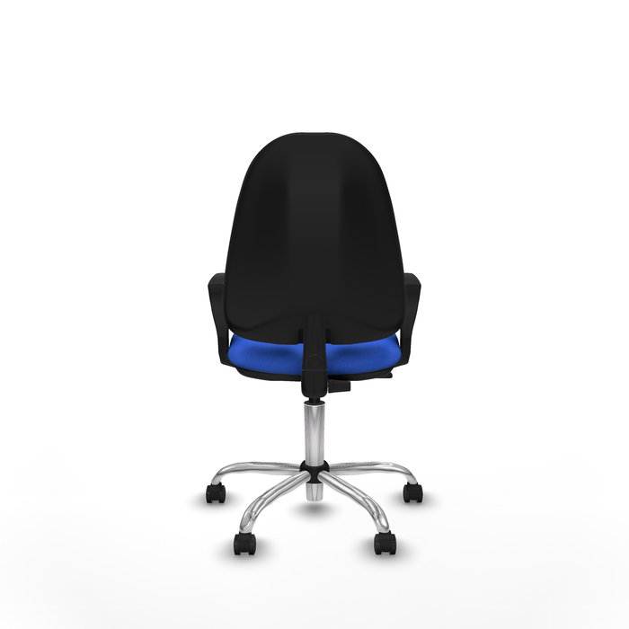 Silla de oficina Algarra con mecanismo Contacto permanente básico tapizada con Tela color Azul. Equipada con Base cromada, Brazos fijos y Ruedas de parqué