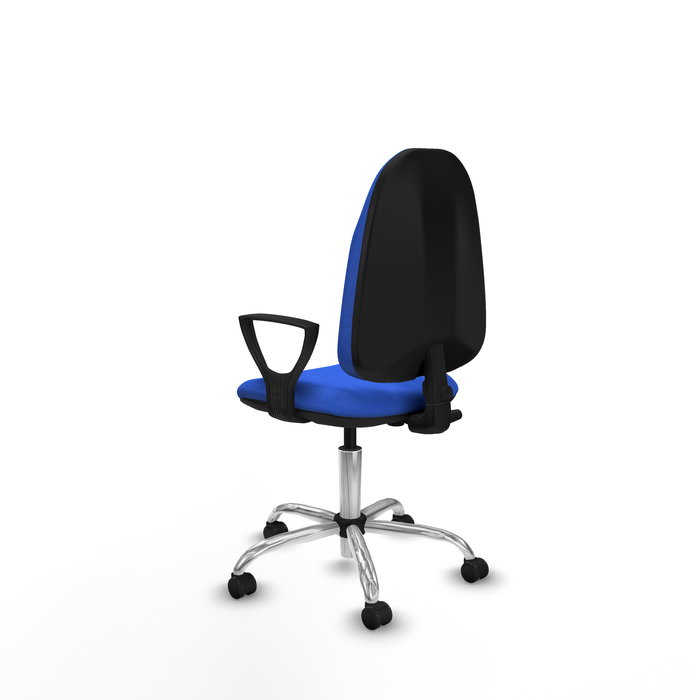 Silla de oficina Algarra con mecanismo Contacto permanente básico tapizada con Tela color Azul. Equipada con Base cromada, Brazos fijos y Ruedas de parqué