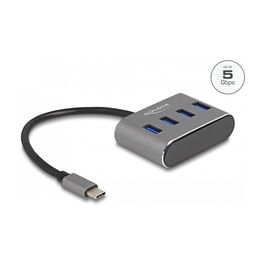 DeLOCK Concentrador USB 3.2 Gen 1 de 4 Puertos con Conector USB Type-C - Hub USB 5 Gbps, Puertos Tipo-A Superiores, 20 cm Cable, Negro Metal
