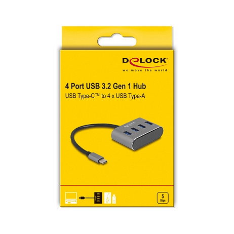 DeLOCK Concentrador USB 3.2 Gen 1 de 4 puertos con conector USB Type-C, Negro