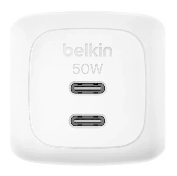 Belkin WCH019kqWH Cargador GaN de Pared 50W con 2 Puertos USB-C, Carga Rápida PD/PPS, Protecciones, Color Blanco