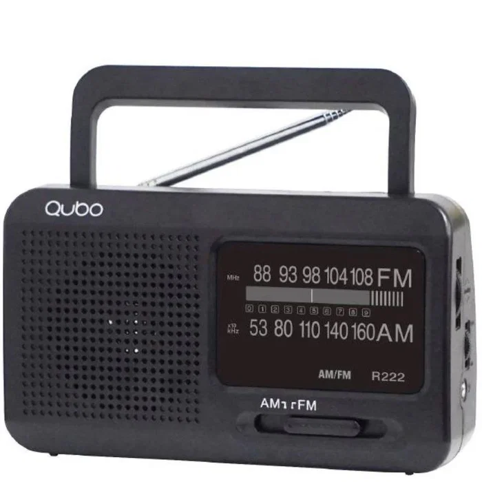 Qubo R-222 Radio Portátil AM/FM Negra con Asa, Altavoz, Antena Telescópica y Entrada Auriculares