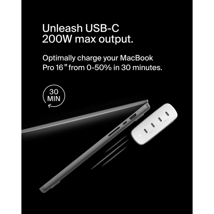 Belkin BoostCharge Pro GaN USB-C 4-en-1 Cargador de 200 W con 4 puertos, Blanco