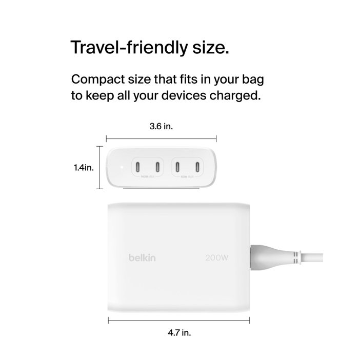 Belkin BoostCharge Pro GaN USB-C 4-en-1 Cargador de 200 W con 4 puertos, Blanco