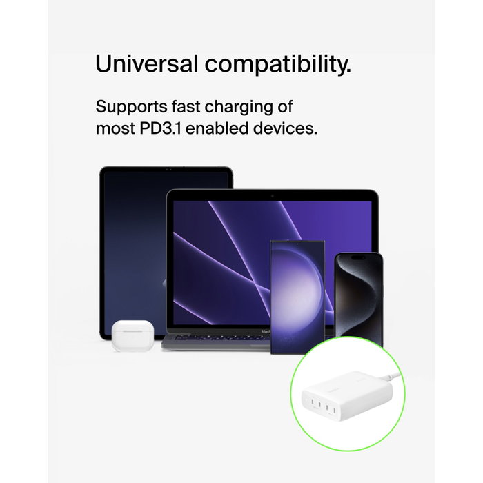 Belkin BoostCharge Pro GaN USB-C 4-en-1 Cargador de 200 W con 4 puertos, Blanco