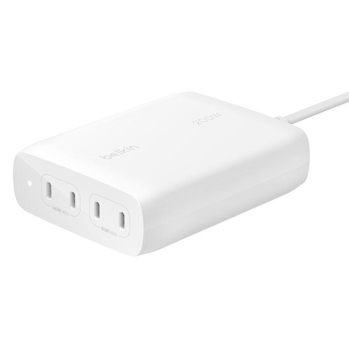 Belkin BoostCharge Pro GaN USB-C 4-en-1 Cargador de 200 W con 4 puertos, Blanco