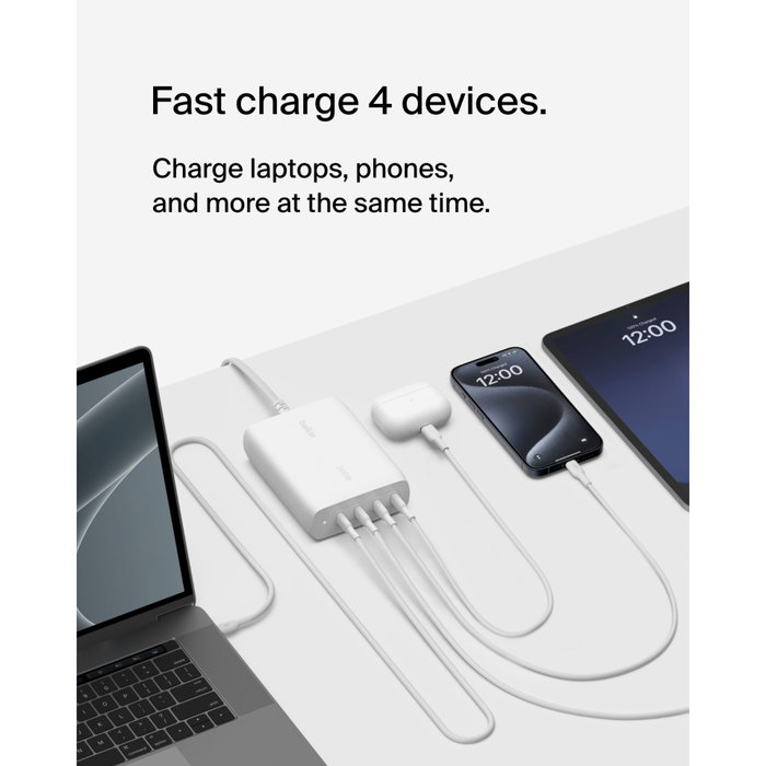 Belkin BoostCharge Pro GaN USB-C 4-en-1 Cargador de 200 W con 4 puertos, Blanco