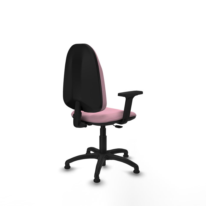 Silla de oficina Algarra con mecanismo Contacto permanente básico tapizada con Tela color Rosa. Equipada con Base poliamida negra, Brazos 2Dy Topes